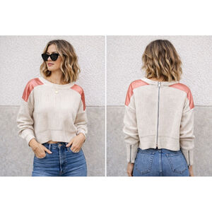 Maje x Schott Cropped Ribbed Zip Sweater Womens Medium Satin Pockets Designer